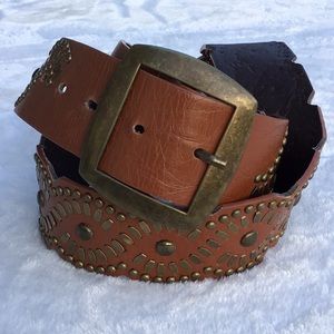 Tan Brushed Gold Embellished Belt - Medium
